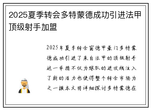 2025夏季转会多特蒙德成功引进法甲顶级射手加盟