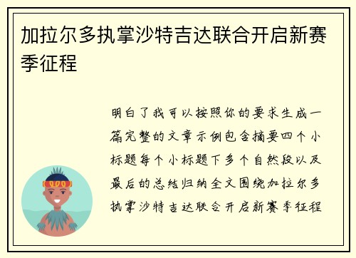 加拉尔多执掌沙特吉达联合开启新赛季征程 加拉尔多执掌沙特吉达联合开启新赛季征程